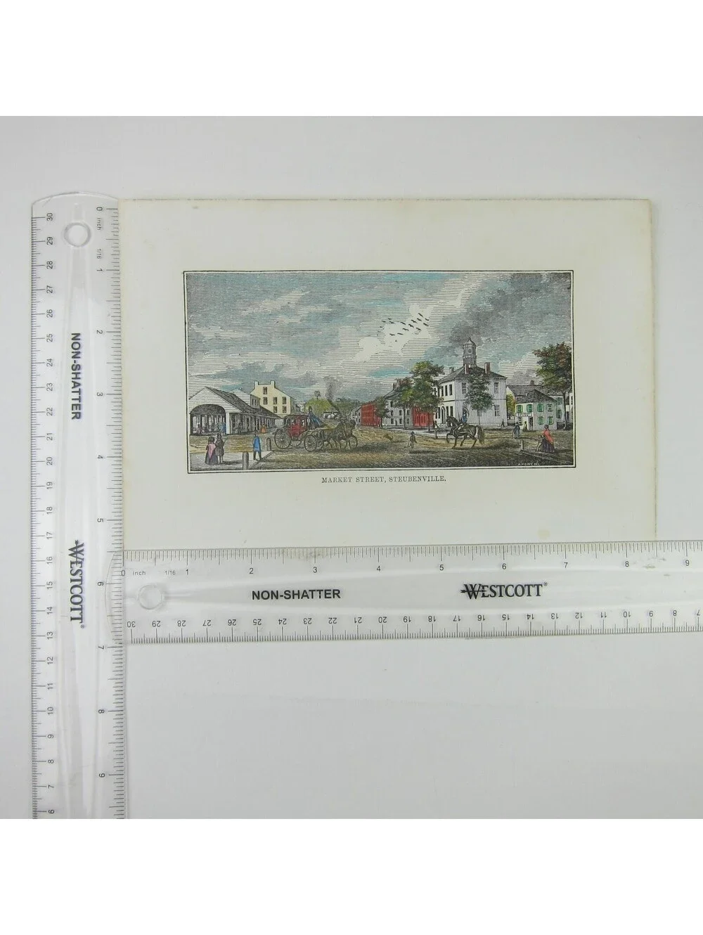 Engraving Print Steubenville Ohio Market Street Scene Hand Colored Antique 1847